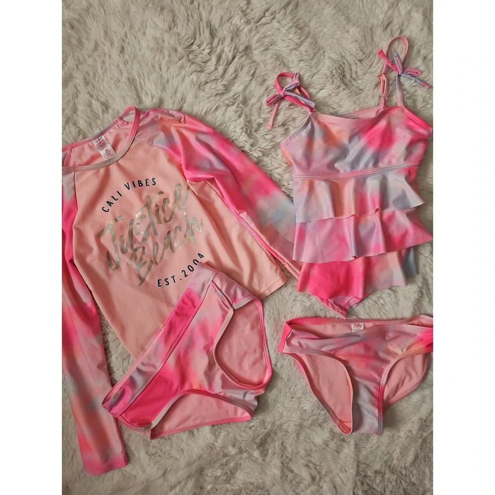 Justice Girls Swimsuit Lot Size M 10 Rash Guard Tankini 4 Pc Mix Match Tie Dye